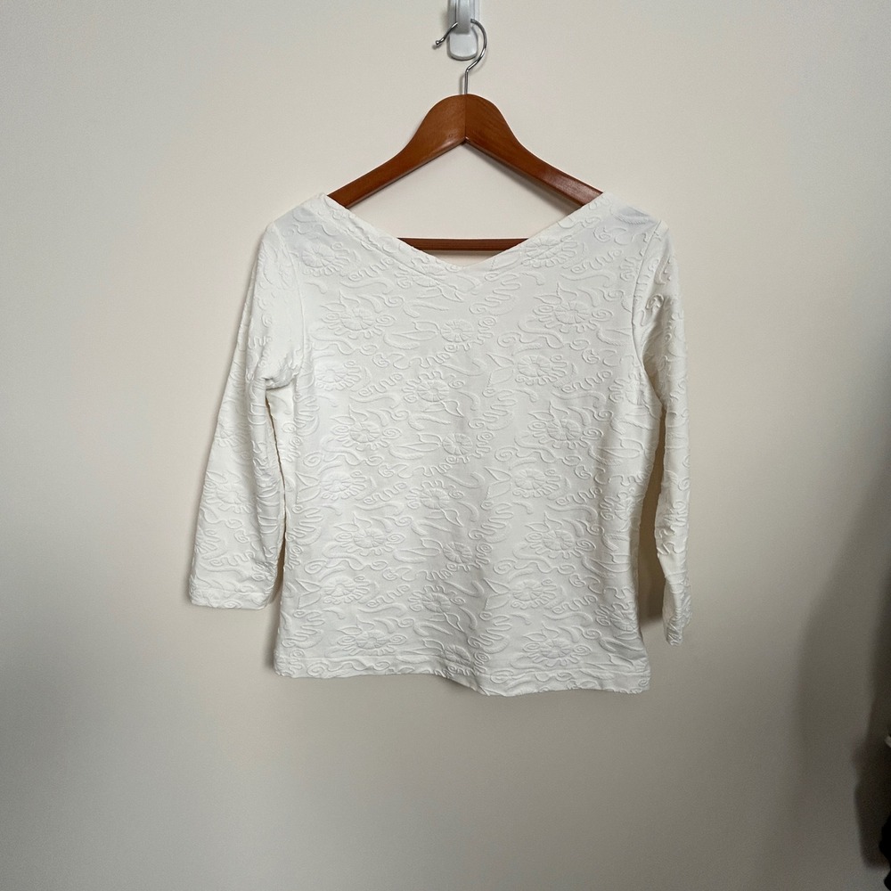 Andria Lieu Collection Womens White Textured Floral Matelasse 3/4 Sleeve Top L